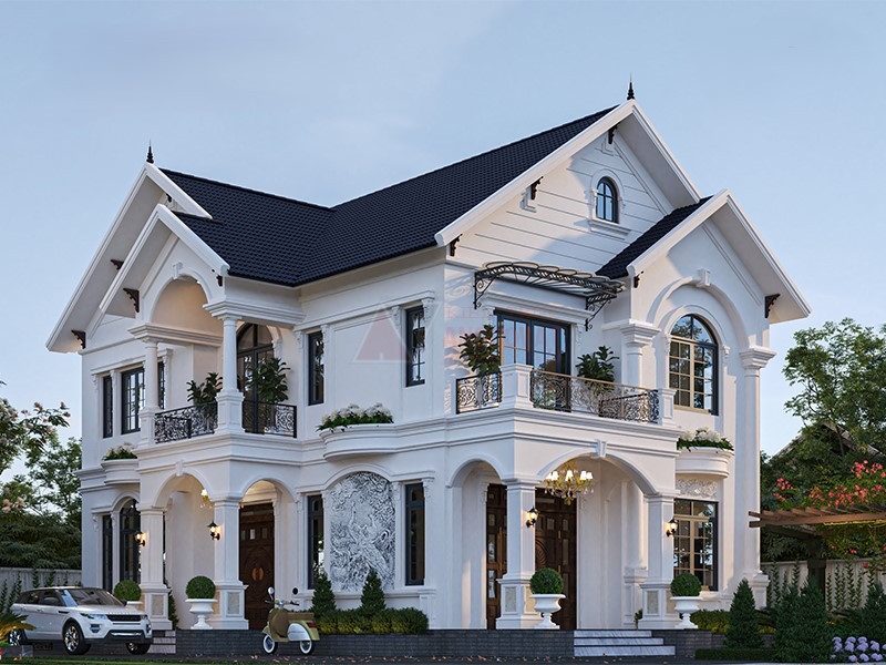 Thiết kế Biệt thự tân cổ điển 2 tầng với mái ngói xanh